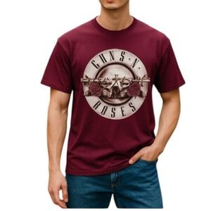 GUNS N’ ROSES Men's Graphic Band T-Shirt Wine Red Logo Short Sleeve Crewneck M